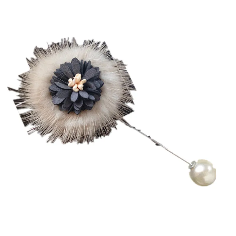 Korean Cute Mink Hair One-word Brooches Fashion Pearl Fabric Flower Long Needle Pin Lapel Badge Jewelry for Women Accessories | Украшения и