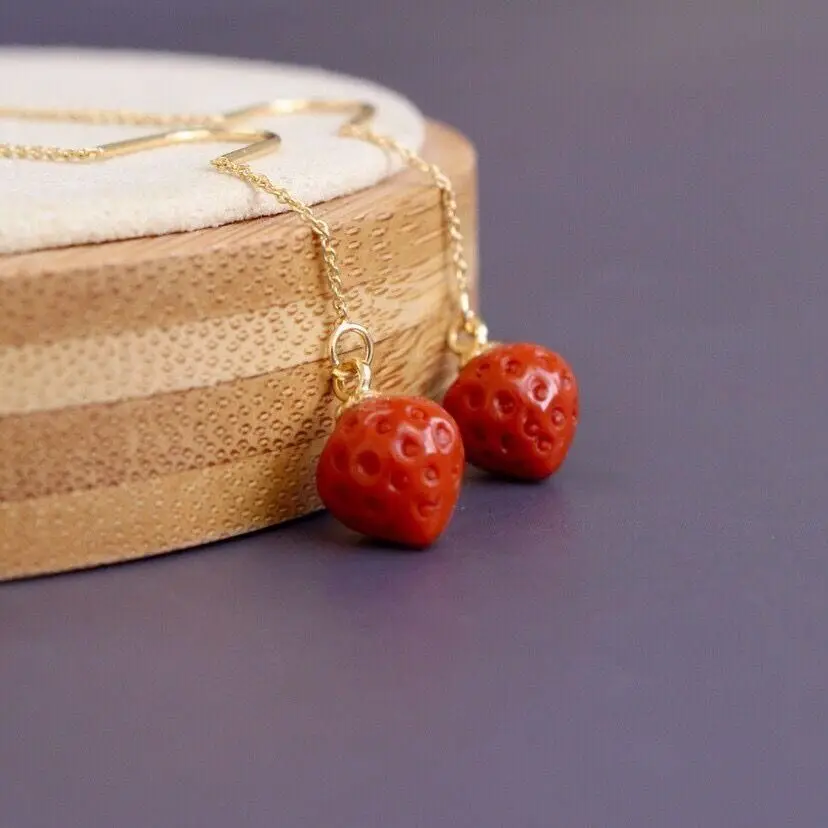 

Natural Hetian Jade Full of Meat South Red Strawberry Earrings Eardrop Women's Ancient Gold S925 Sterling Silver Lasting Color