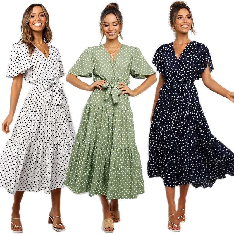

Women Summer Dress Ladies Deep V Neck Sexy Dot Print Mini Dress Casual Long Dresses Femme Backless A-Line Club Wear Dress