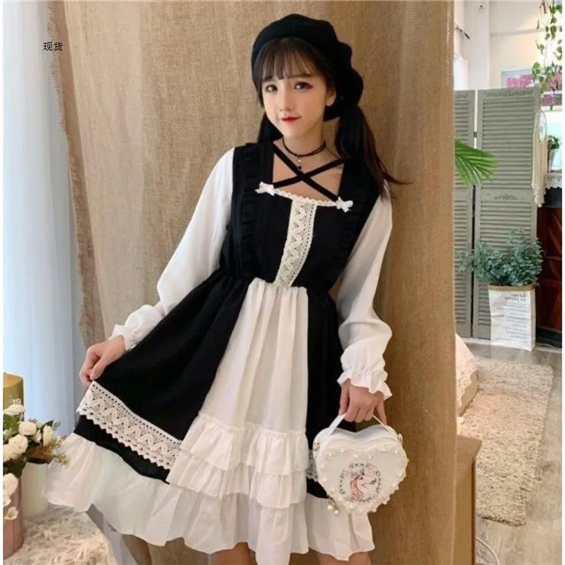 

Alice In Wondeland Cute Women Lolita OP Dress Flouncing Lace Trim Japanese Harajuku Long Sleeves Doll Teen Dress Fairy Vestidos