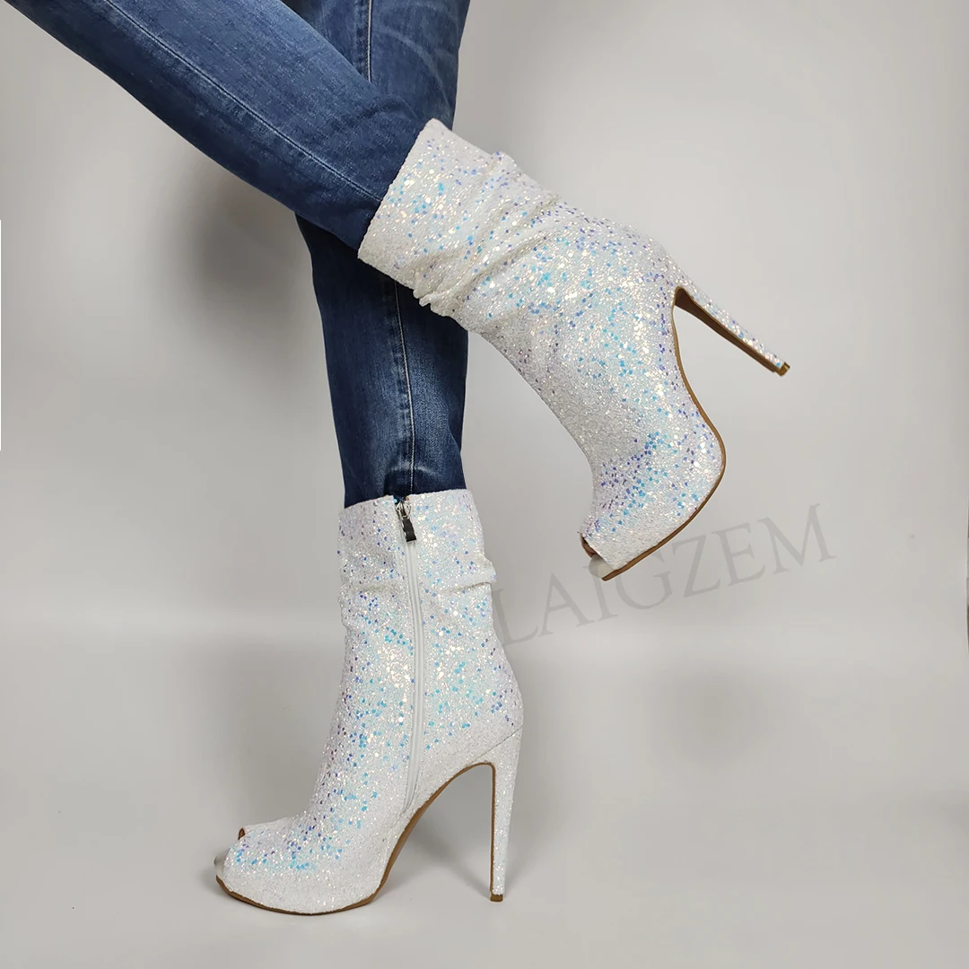 LAIGZEM/блестящие женские ботиночки с боковой молнией Ботильоны на высоком каблуке