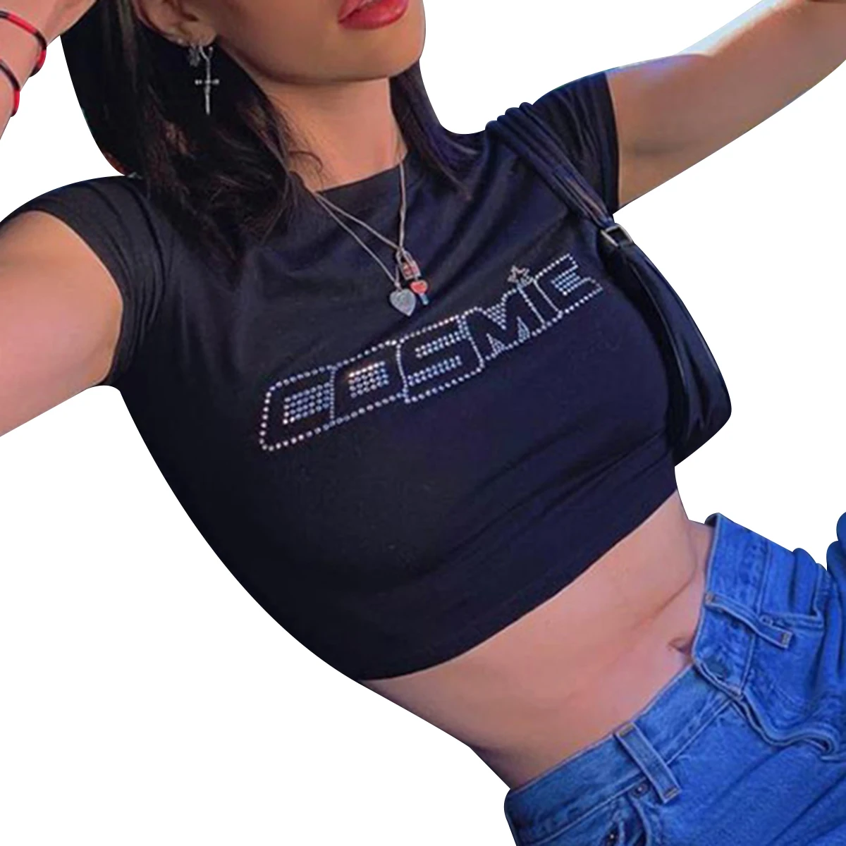 

Women Summer Y2K Short Sleeve Crop Top Shiny Hot Drill Rhinestone Cosmic Letter T-Shirt Navel Slim Vest Club Streetwear