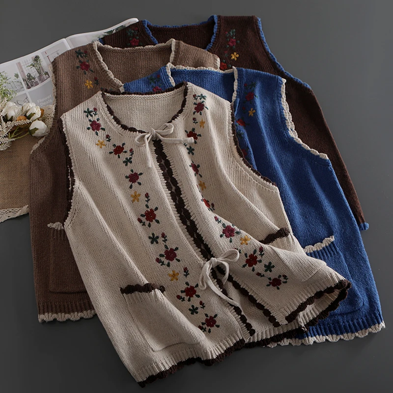 

Japan Style Mori Girl Sweet Embroidery Vest Sweater Spring Autumn Sleeveless Knitted Sweater Women