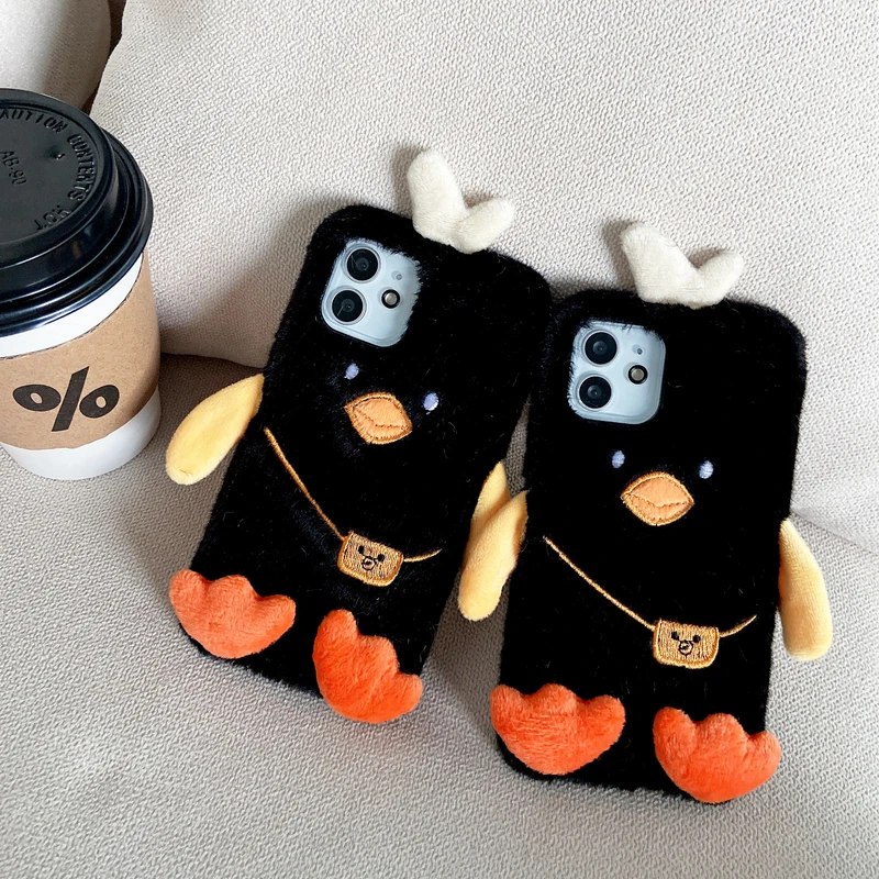 

Cute Cartoon Duck Soft Furry Phone Case For iPhone 13 12 11 Pro Max Capa Winter Warm Plush Cover For 7 8 Plus X Xs Max Xr Funda