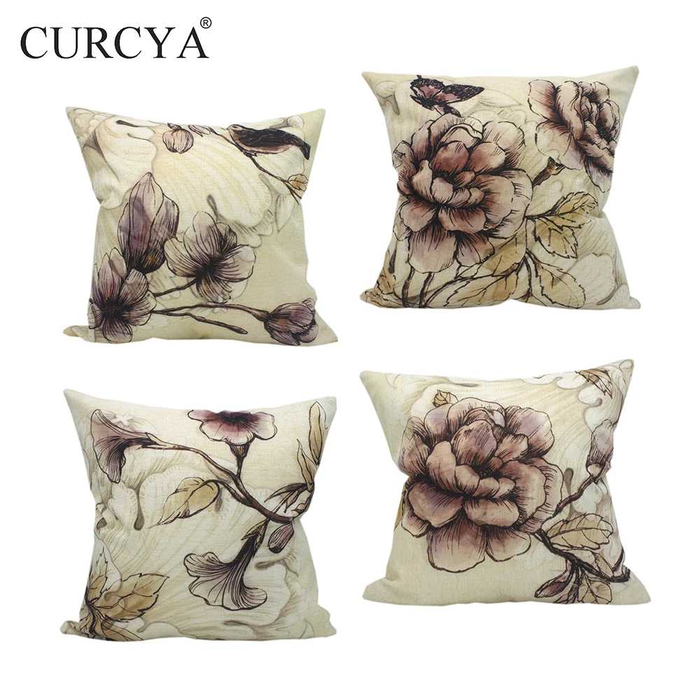 

CURCYA Retro Floral Cushion Cover Case Beige Like Linen Polyester Flowers Seat Sofa Throw Pillow Covers Vintage Home Decor