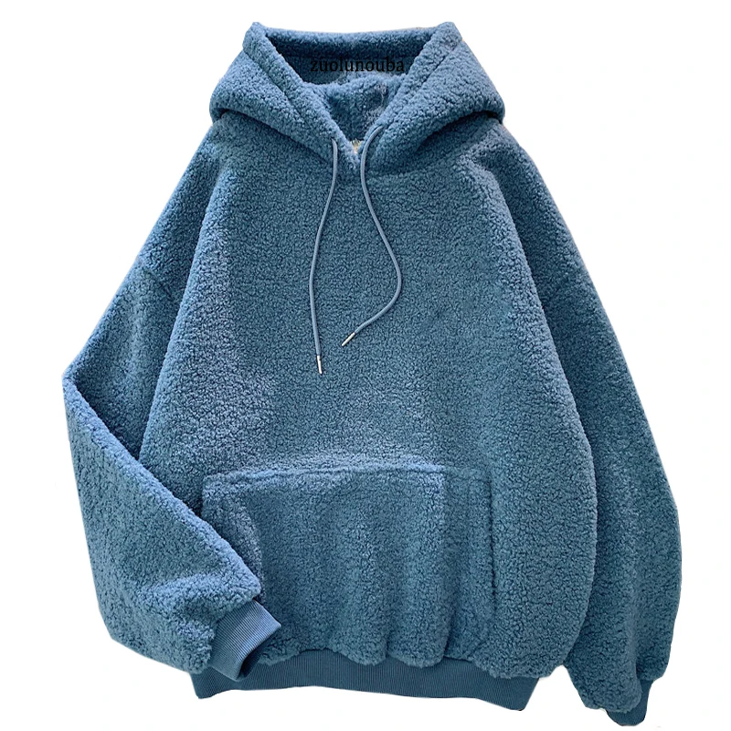

New Autumn Winter Thick Warm Coat Velvet Cashmere Women Hoody Sweatshirt Solid Blue Pullover Casual Tops Lady Loose Long Sleeve