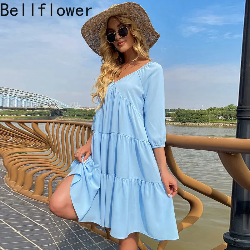 

Loose Plus Size Solid Dress Spring Summer Casual Draped Puff Sleeve V-Neck Lovely Girl Pullover Black Dress Vestido De Mujer