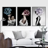 fashion girls with big flower wall art poster canvas print nordic modular picture for home decor canvas painting