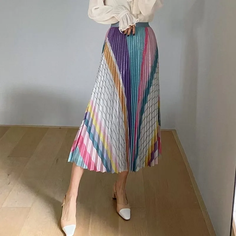 

Женская длинная юбка радужной расцветки, плиссированная тонкая юбка-трапеция в полоску, с высокой талией и эластичным поясом, лето 2021