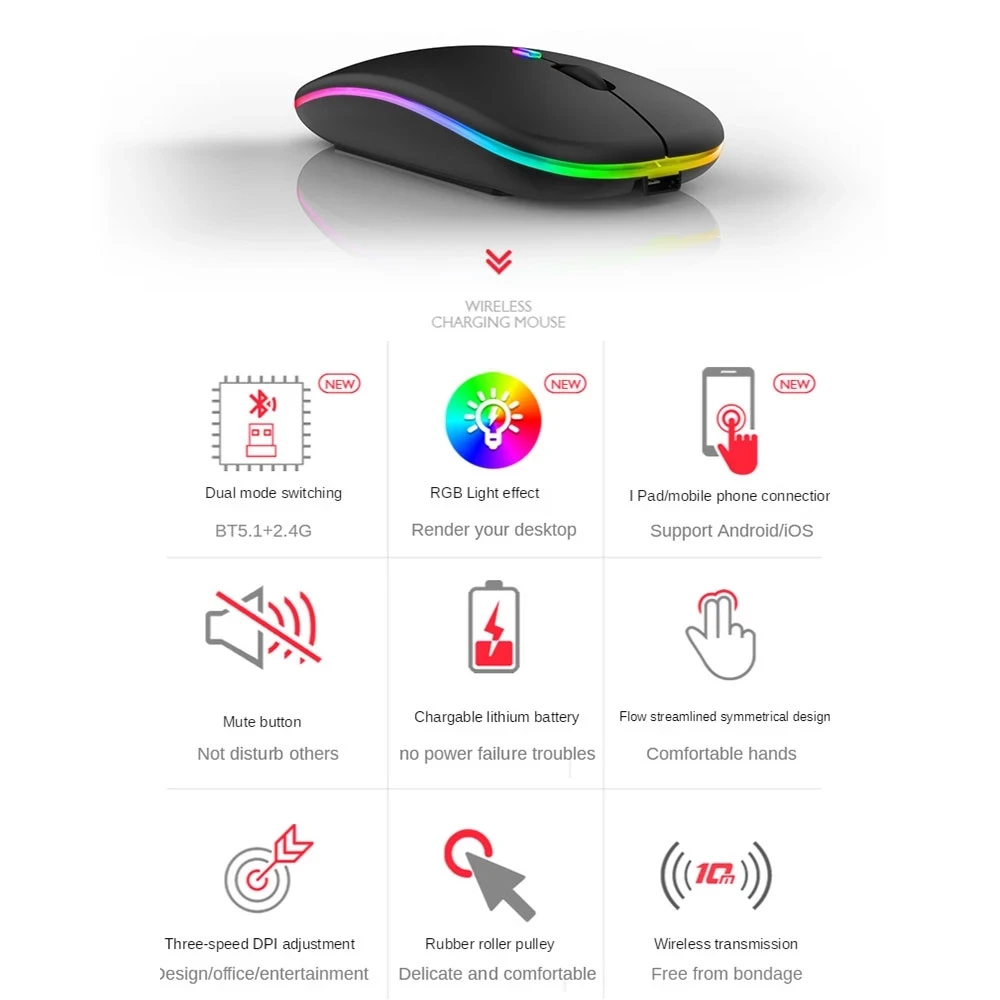 wireless mouse bluetooth rgb rechargeable mouse wireless computer mause mice led backlit ergonomic gaming mouse for laptop pc free global shipping