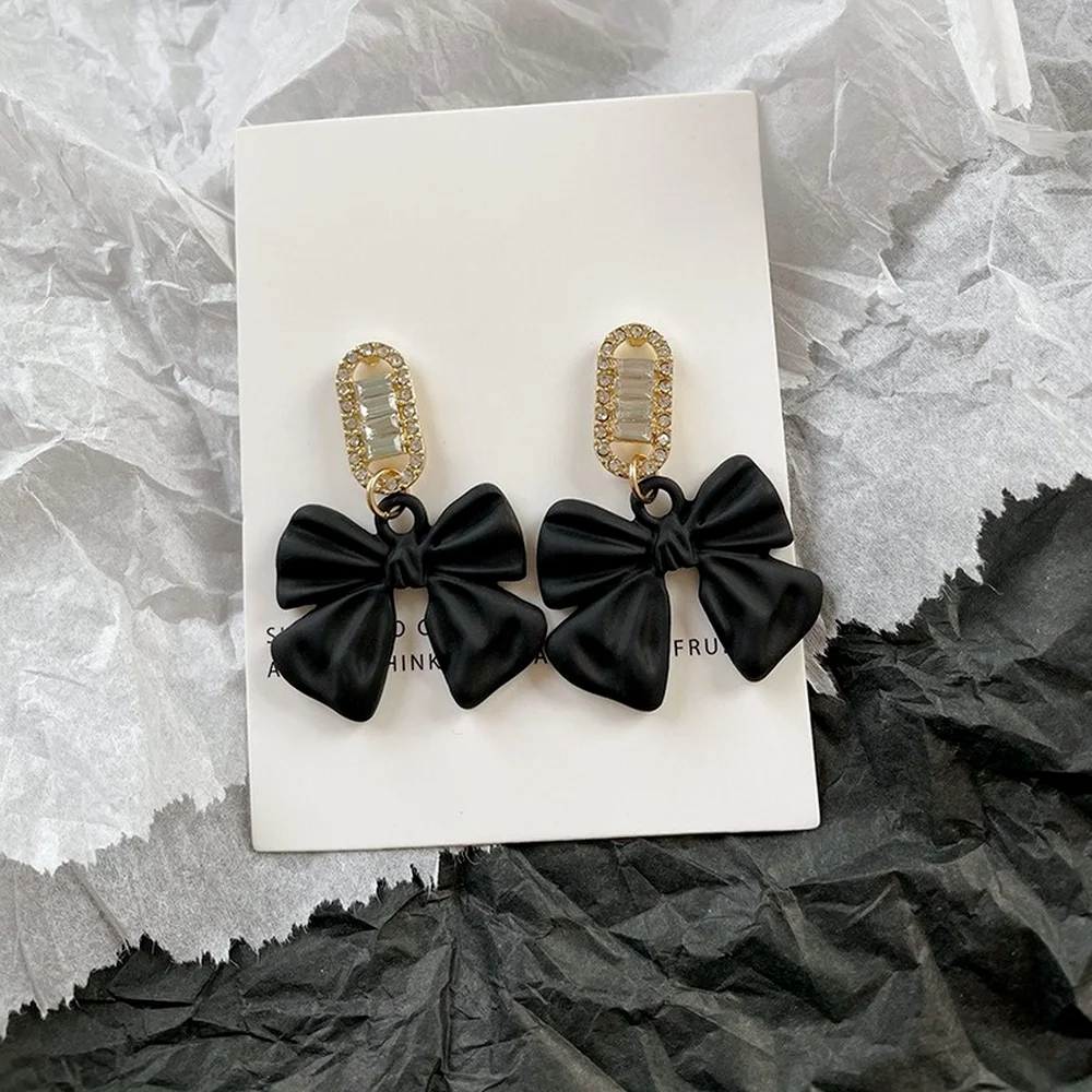 

Black Bowknot Hanging Earrings for Women 2021 Trend Korean Fashion Piercing Accessories Luxury Rhinestone Jewelry Elegant Gift