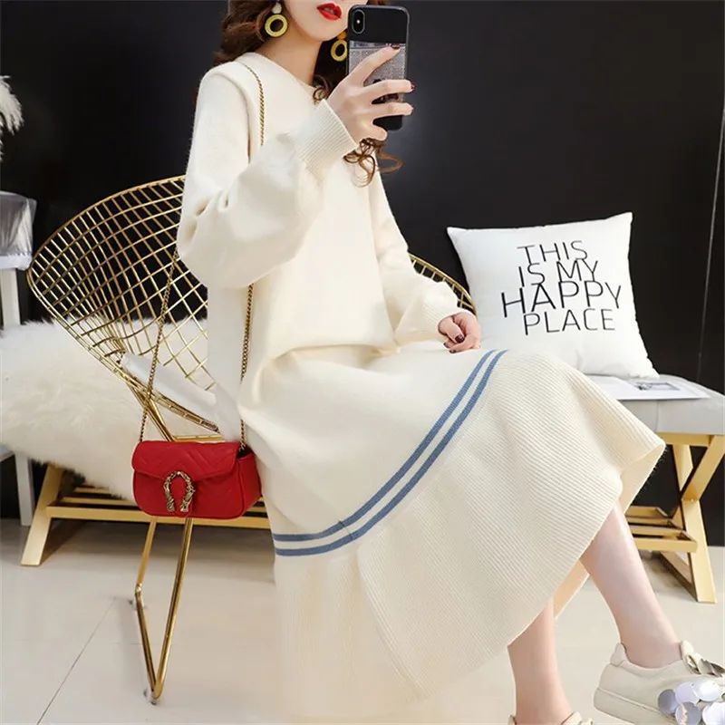 

2022 Spring Autumn Fashion Long Knitted Sweater Dress Women Beige Pink Blue Vestidos Loose Long Sleeve Knitting Dresses Female