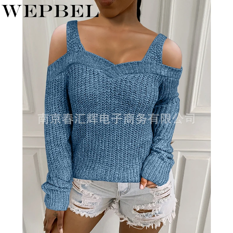 

WEPBEL Women Autumn Winter Sexy Knitted Sweater Casual Long Sleeve Off Shoulder Loose Sling Pullover Top