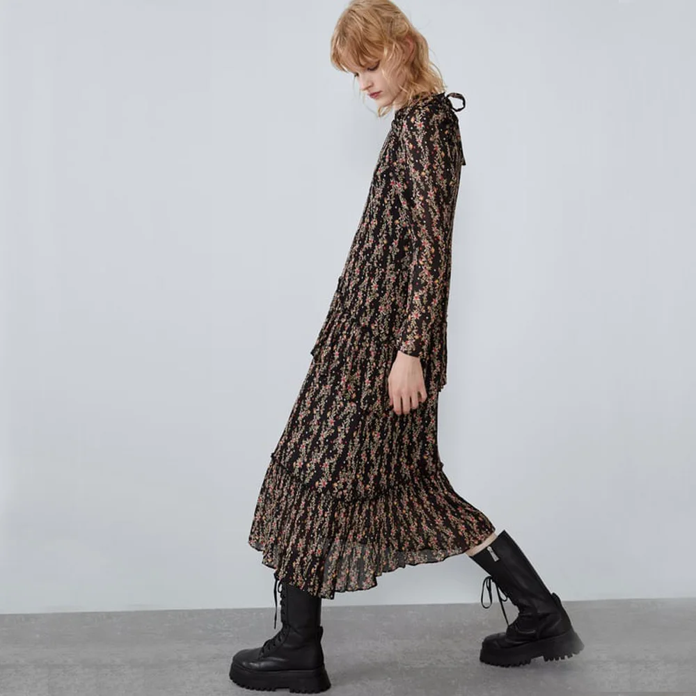 ZA 2019 осеннее новое черное платье с вышивкой модная женская одежда в стиле бохо