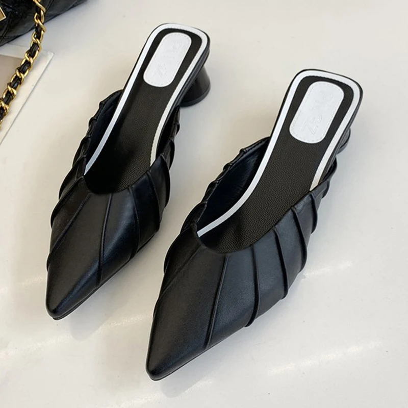 

New Hot Sale Ladies Muller Shoes Thick Heel Pointed Toe Women's Single Shoe Pure Color Casual Women Slippers Elegant Banquet