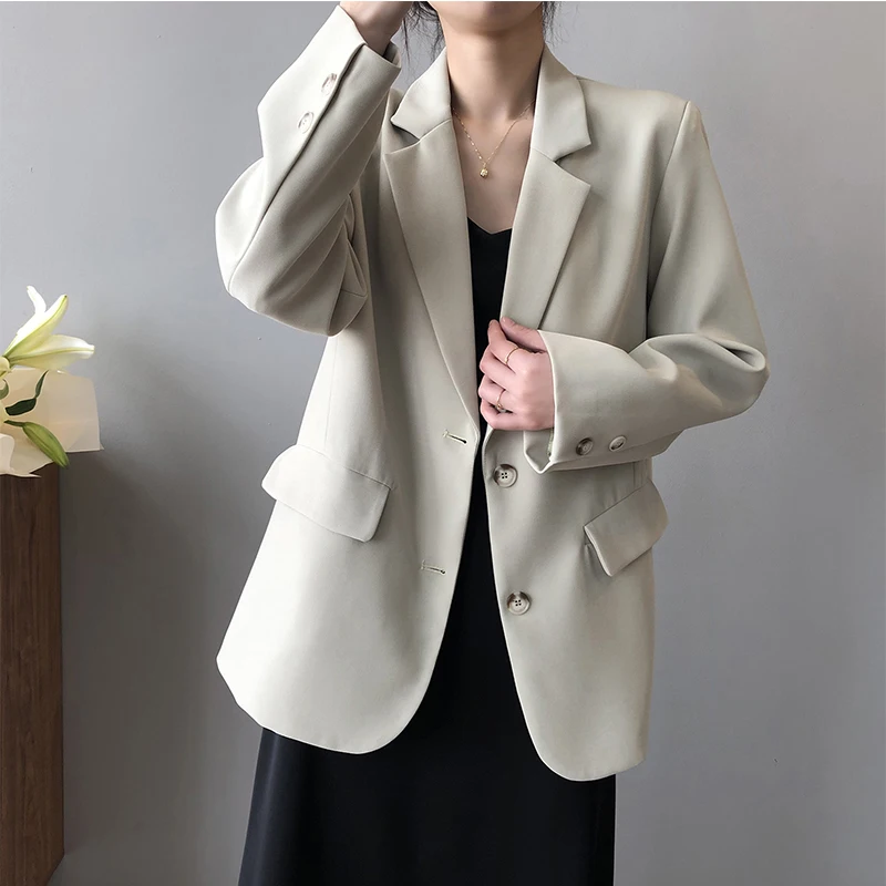 Sister Fara New Spring 2021 Elegant Single Breasted Blazer Jacket Women Casual Solid Tops Coat Office Lady Notched Loose Blazers