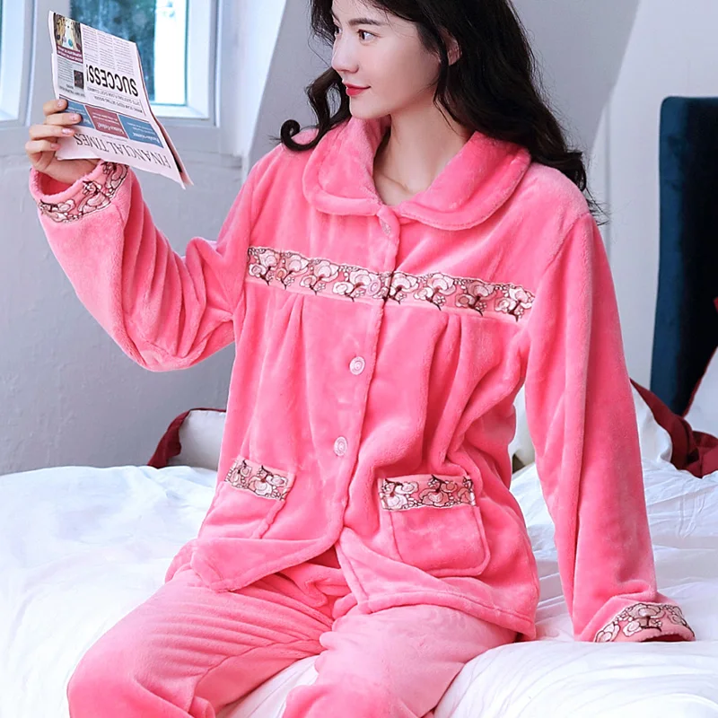

H5812 Girl Pajamas Suit Women Thickened Coral Fleece Sleepwear Middle-aged Mother Flannel Long Sleeve Autumn Winter Nightgown