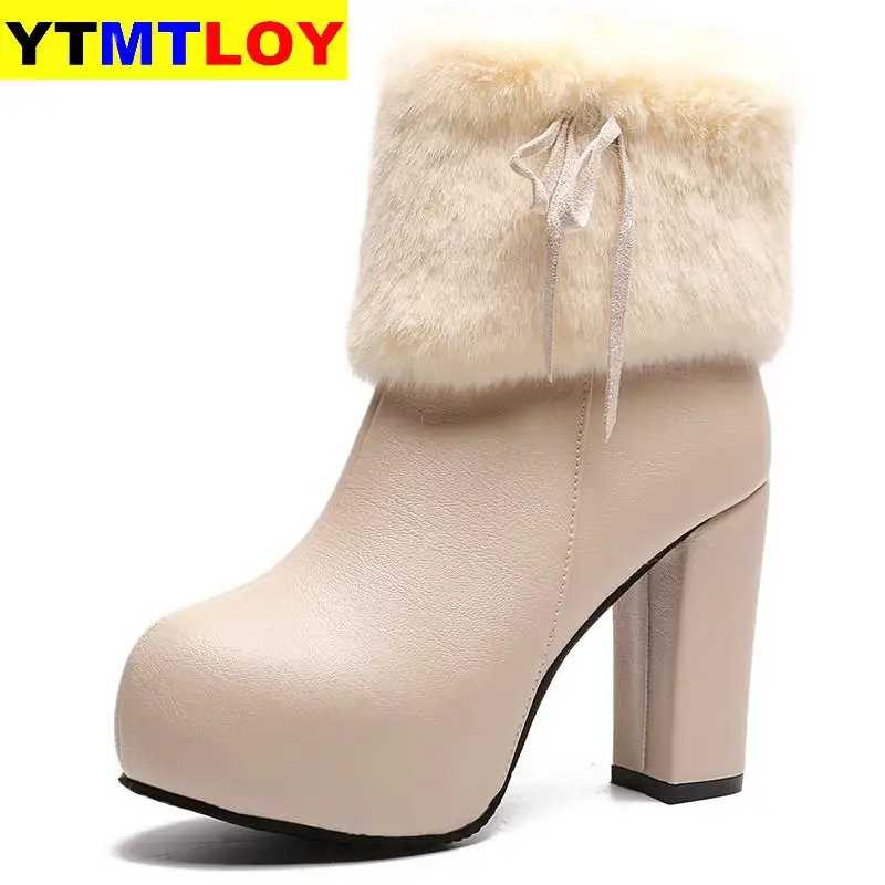 

2020 New High Quality Fur Leather Chelsea Boots Women High Heels Platform Ankle Boots For Women Round Toe Autumn Winter Shoes