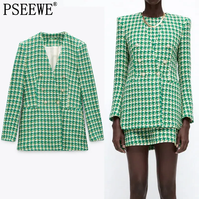 

Женский твидовый Блейзер PSEEWE Za, элегантный офисный пиджак зеленого цвета с длинным рукавом и пуговицами, осень 2021