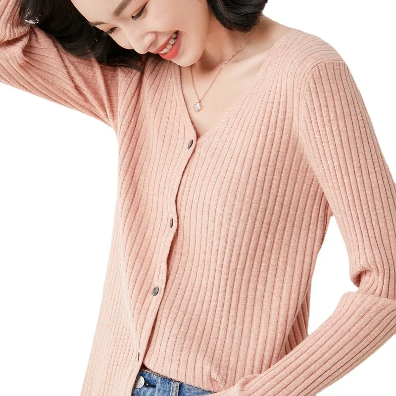 

2021 spring v-neck loose cardigan knit women's simple casual street fashion base slim sweater pure color