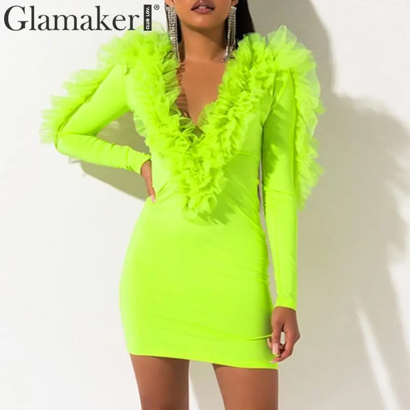 Glamaker неоновая зеленая, сетчатая зимняя одежда с оборками, женское элегантное платье с v-образным вырезом, большие размеры, вечерние Клубные платья с длинным рукавом, женское облегающее платье