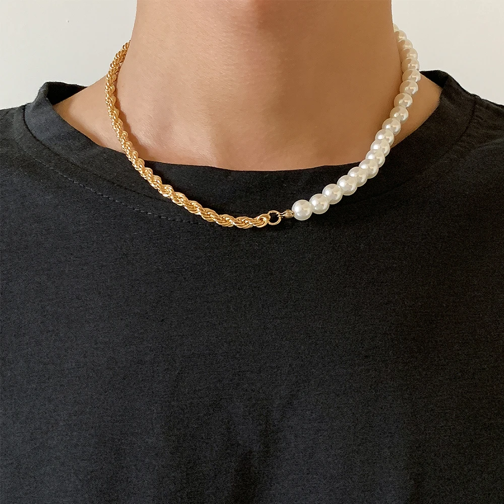 

Lacteo 2021 Fashion Trendy Twist Clavicle Chain Choker Necklace Jewelry For Men Neo Gothic Metal Imitation Pearls Necklace