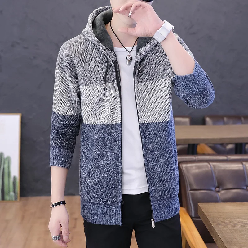 Мужской облегающий кардиган с капюшоном теплый вязаный Джемперы повседневная