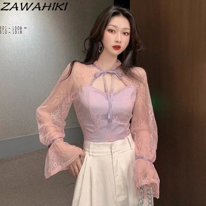 

Милая Кружевная рубашка zawхитки, женские расклешенные Короткие топы с длинным рукавом, Осенние новые сексуальные элегантные ажурные блузки...