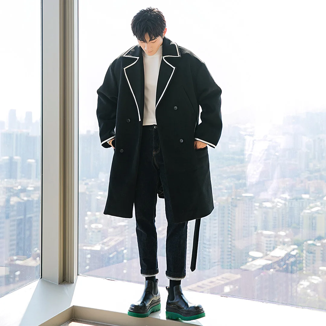 Мужская одежда IEFB Осень-зима черное шерстяное пальто средней длины свободная