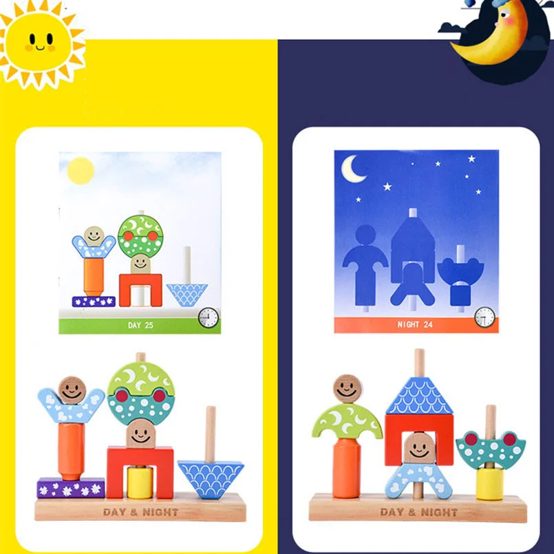 

Wooden Toy Sun & Moon Day & Night Pillar Buliding Blocks Educational Toys For Children Intelligence Board Game Wood Toy Gift
