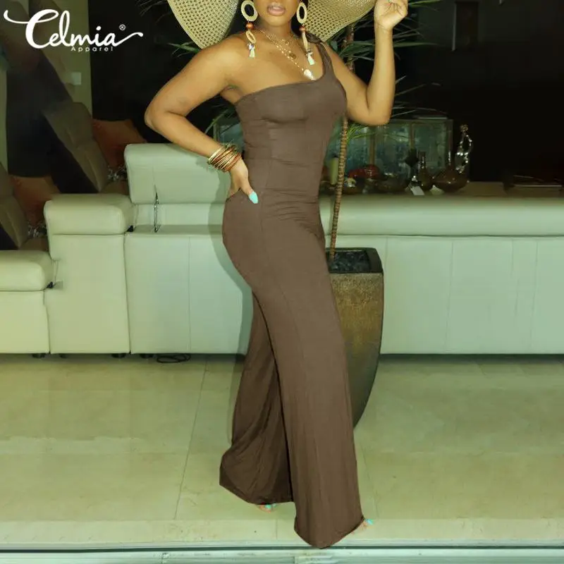 

Women 2021 Summer Sleeveless Jumpsuits Celmia Sexy One Shoulder Casual Solid Club Overalls Elegant Long Trousers Jumpsuit S-