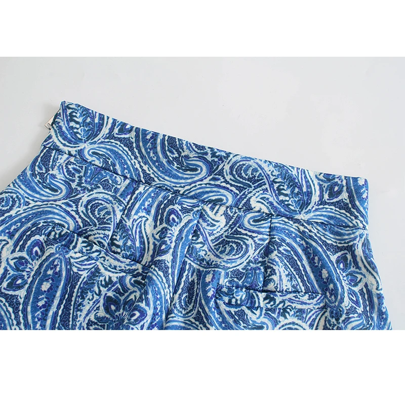 

Za 2021 Women Vintage Blue Geometry Print Shorts Side Zipper Pockets Ladies Casual Shorts Pantalones LY9431