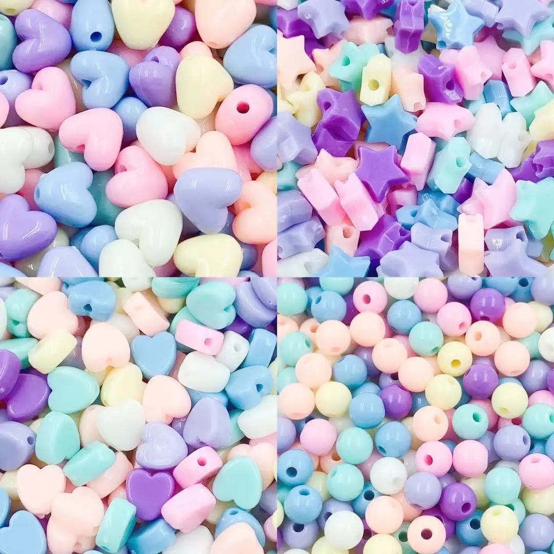 

100pcs/pack Diy Perforated Beaded Material Candy Color Glossy Love Five-pointed Star Round Beads Jewelry Loose Beads Wholesale