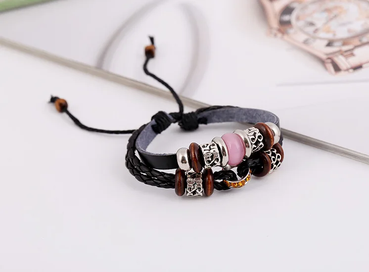 Женские плетеные браслеты ручной работы из натуральной кожи с бусинами |