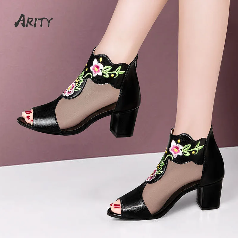 Women Summer Embroidered Shoes 2022 New Ethnic Mesh Breathable Sandals Thick Heel Fish Mouth Women's Hollow High Heels Pumps
