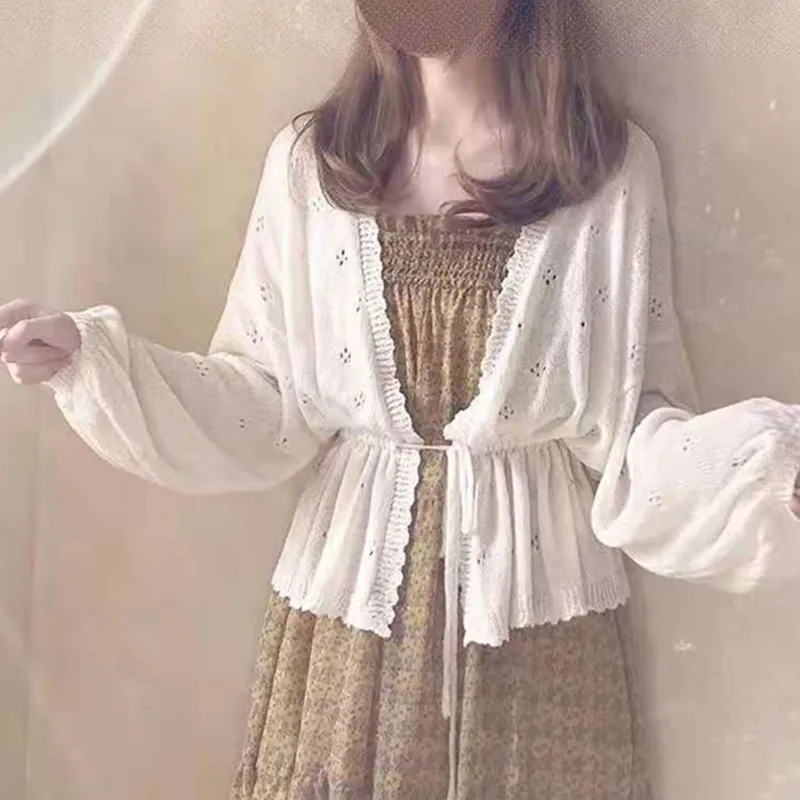

Cardigan Women New Spring Loose Lace-up Sweet Girls Batwing Sleeve Vintage Korean Style Knitted Sweaters Sun-protection Female