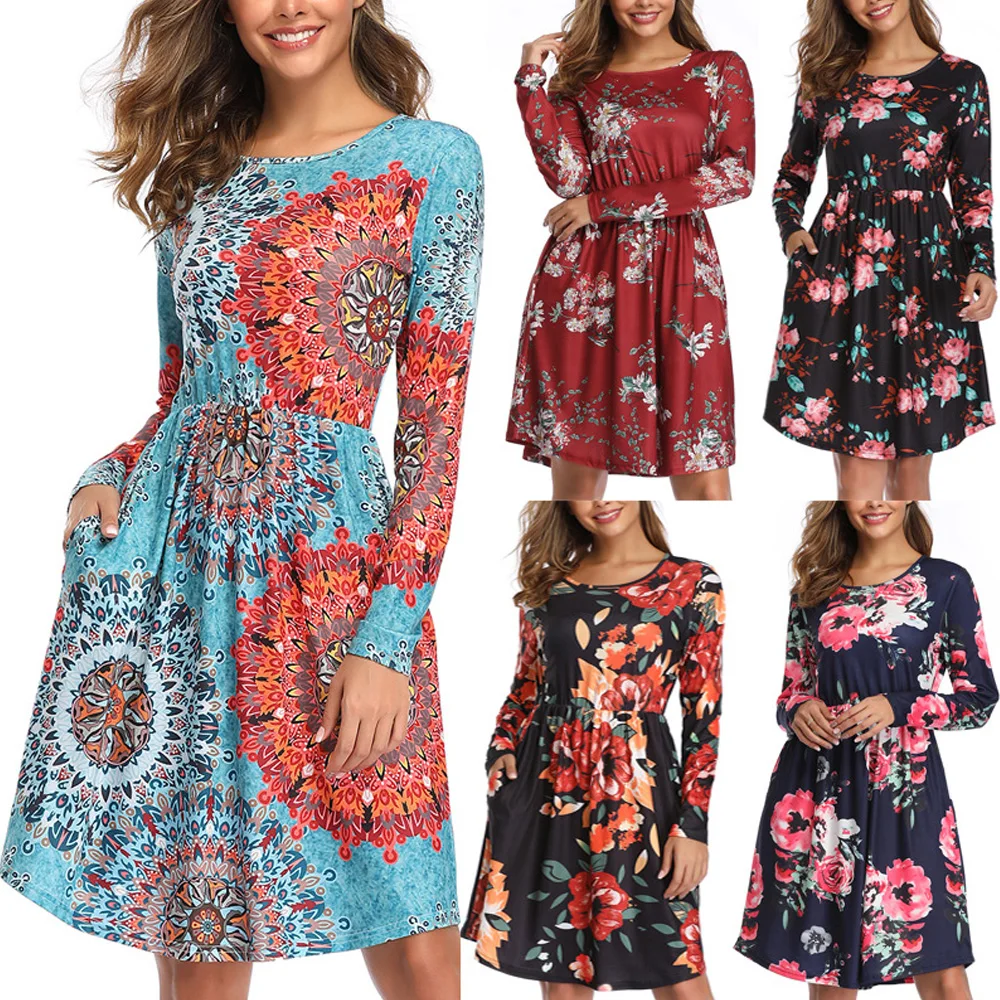 2019 с длинным рукавом осень зима ТРАПЕЦИЕВИДНОЕ ПЛАТЬЕ цветочным принтом взлетно