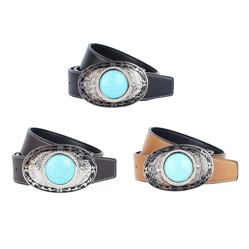 

in PU Leather with Metal Buckle with Turquoise Carved Pattern