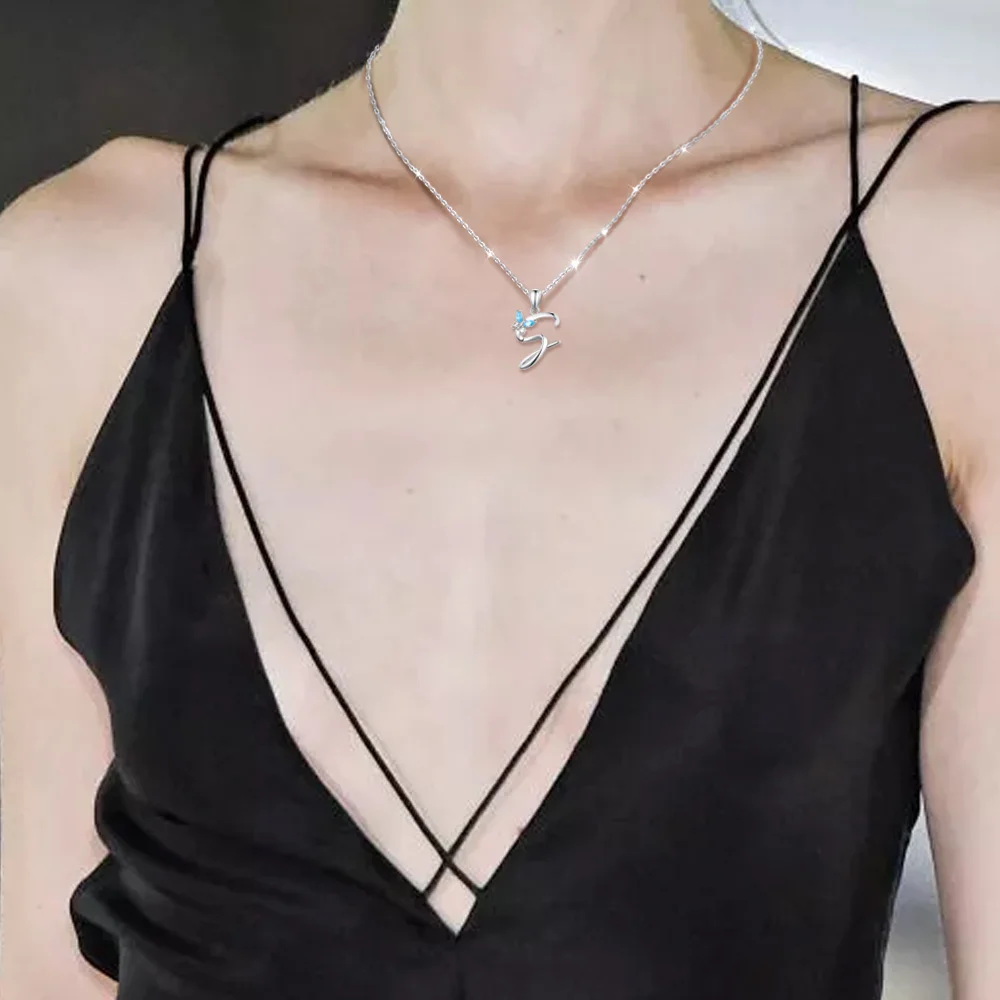 

EUDORA 925 Sterling Silver Letter S Pendant Initial A Alphabet 8 Letters Necklace with blue crystal butterfly Jewelry CYD109-2