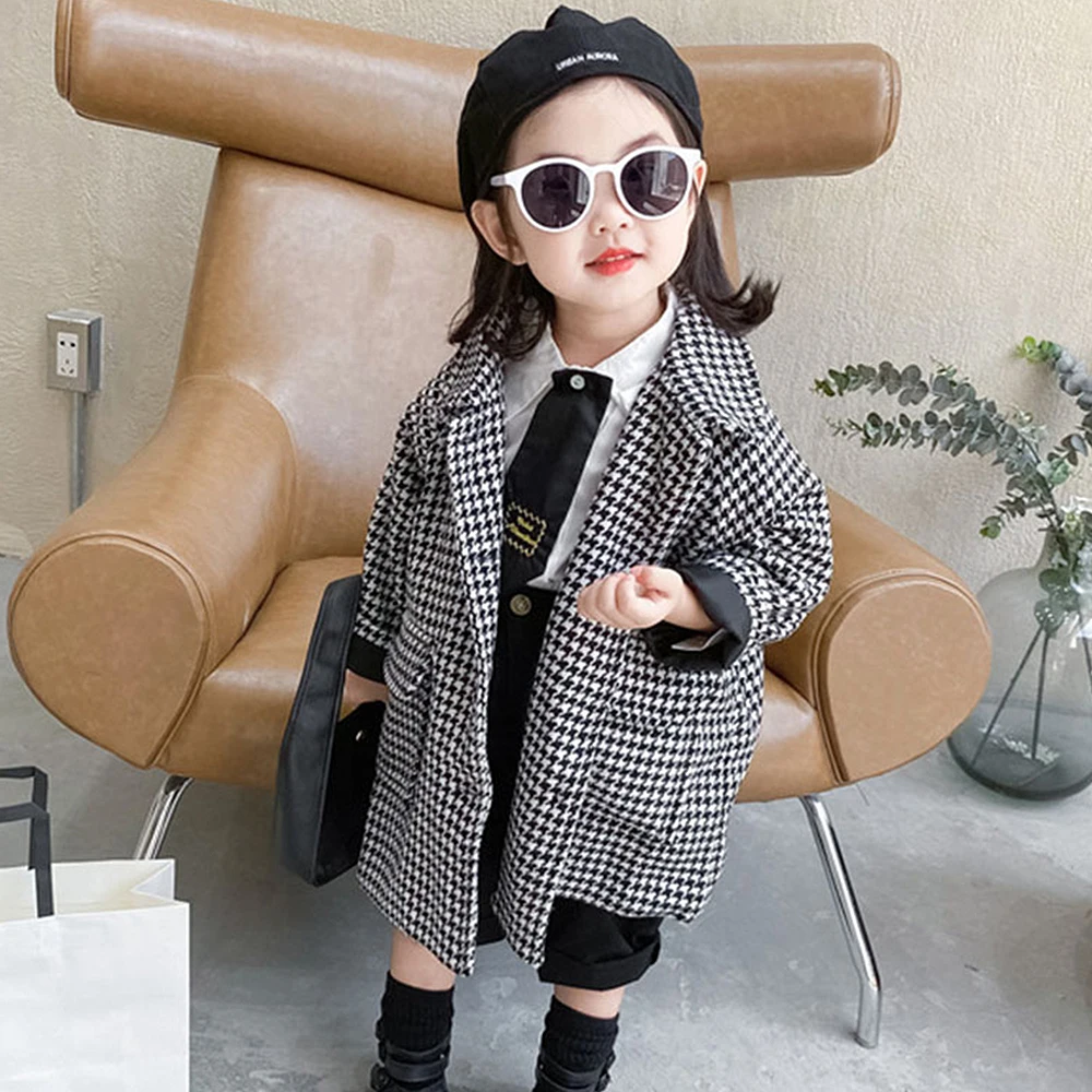

The Boy Girl Plover Grid The Wool Coat New Winter Small Western Style Medium Length Lapel Coat Children's Woolen Overcoat