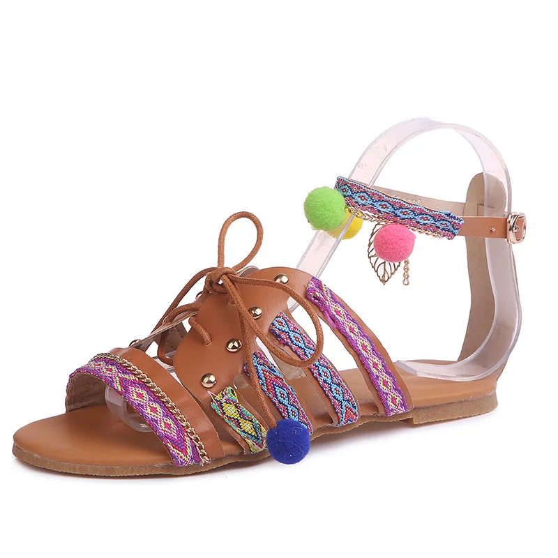 

2020 national style fur ball flat sandals European and American foreign trade large size sandals women's Bohemian national style