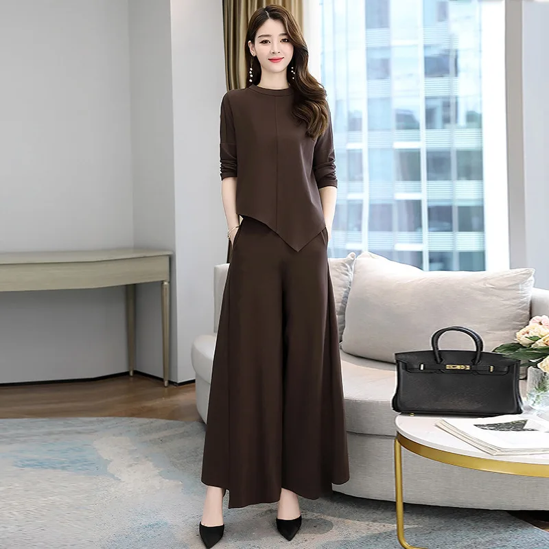 

Spring Women Elegant Suits Two Piece Set Irregular Blouse Top +Wide Leg Pants Loose Female Long Sleeve Tops And Trousers WW5053