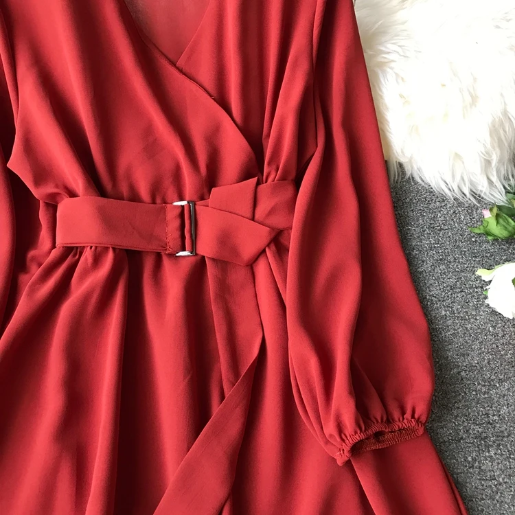 ALPHALMODA осеннее офисное женское платье с длинными рукавами и поясом, новое повседневное шифоновое платье с высокой талией и v-образным вырезом, однотонное женское платье до середины икры