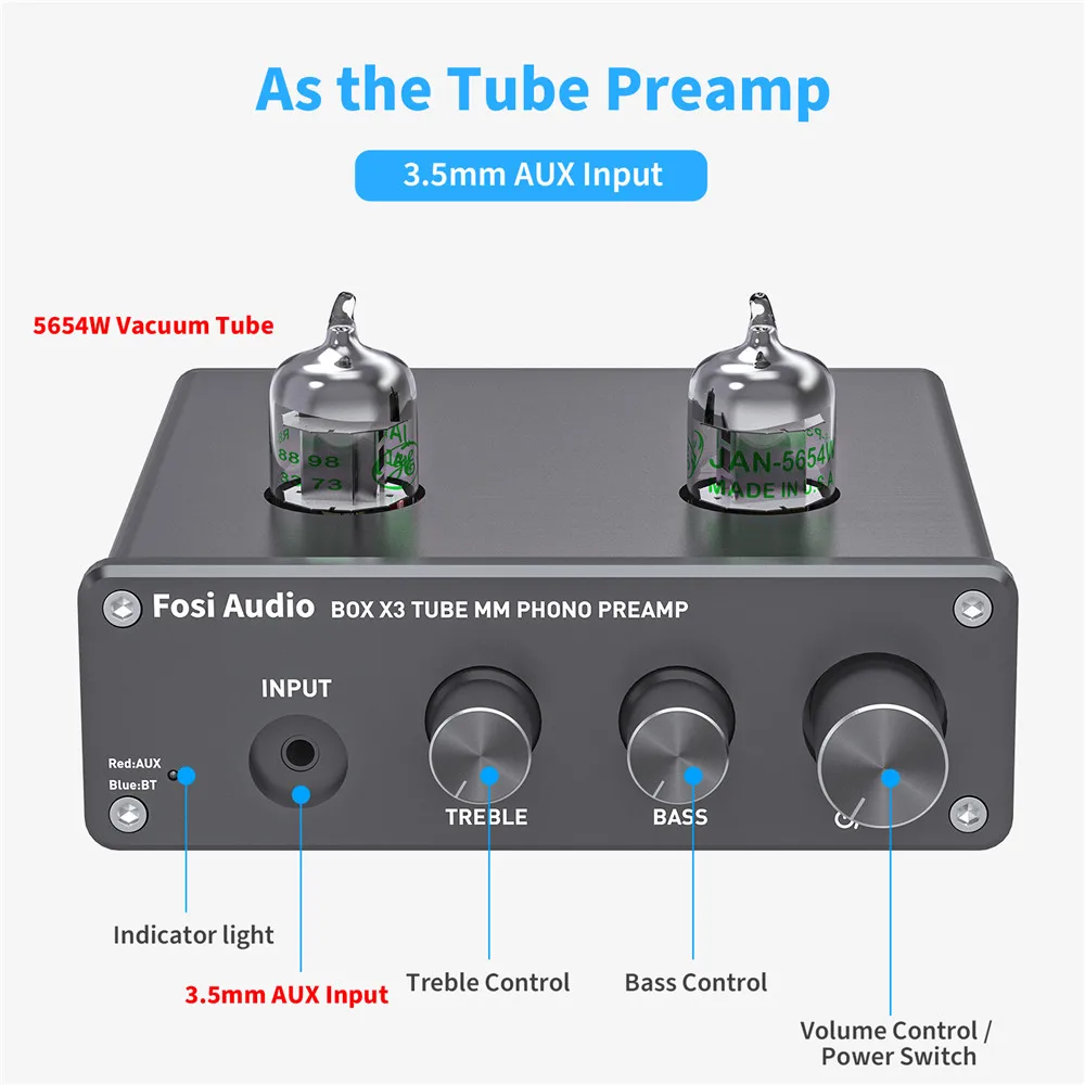 Fosi Audio Bluetooth Phono Preamp for Turntable Phonograph Preamplifier With 5654W Vacuum Tube Amplifier HiFi BOX X3