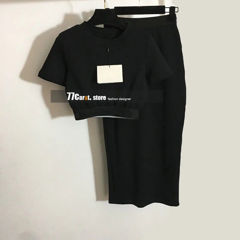 

luxury design 2 piece set women knitting letters logo jacquard o-neck top and side slit midi skirts branded clothes outfits sets