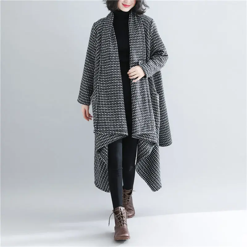 Irregular Windbreaker Women 2020 New Spring Autumn Lattice Thickened Large Size Long Cardigan Jacket Oversized Sweater Coat r175 |