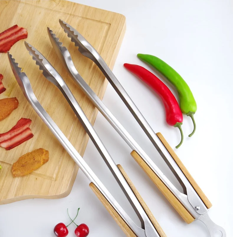 

Stainless Steel BBQ Tongs Kitchen Heat Resistant Wood Handle Larger Tong Kitchen Outdoor Tools BBQ Clips Barbecue Clip Clamp