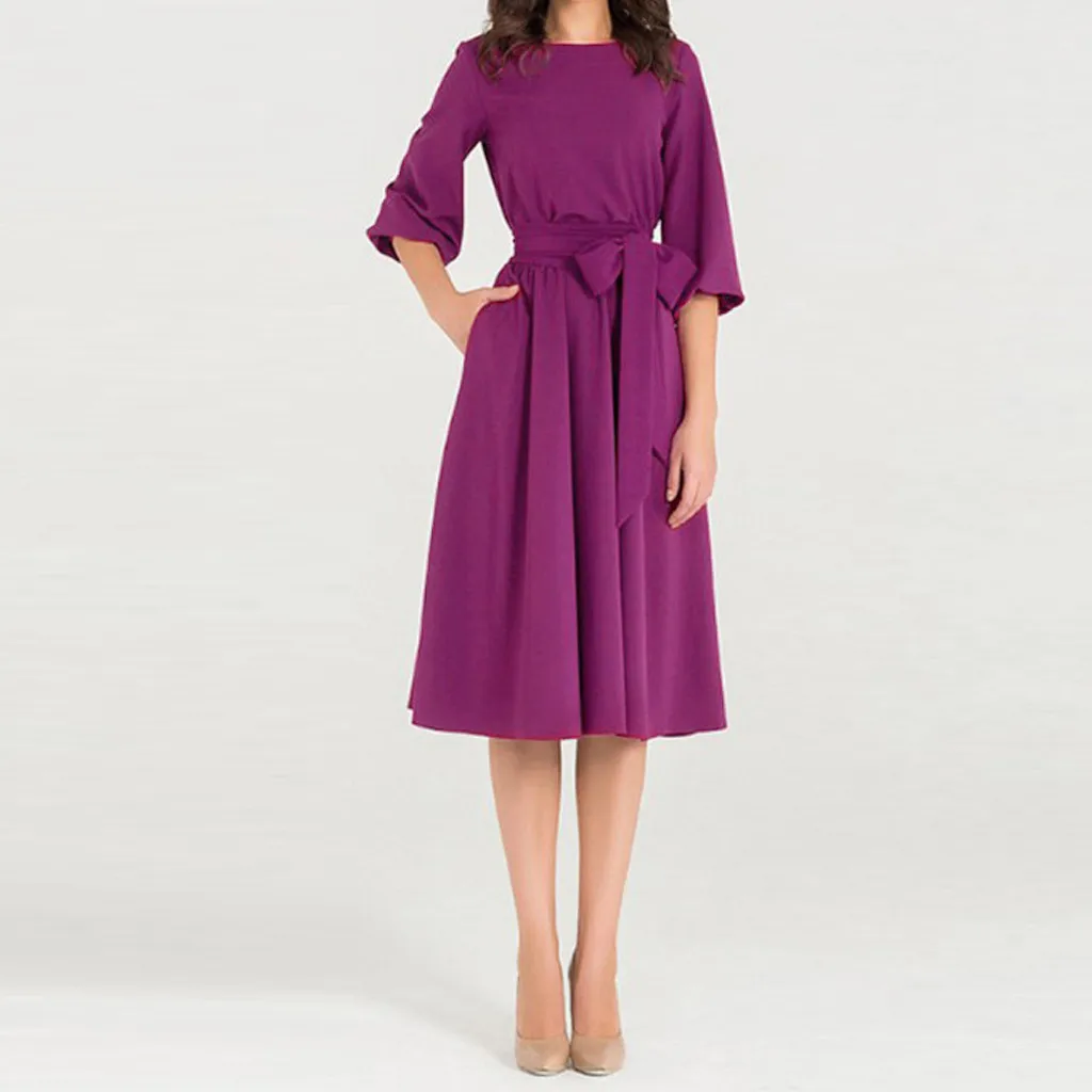 Винтаж Для женщин модные однотонные с поясом летнее платье коротким рукавом