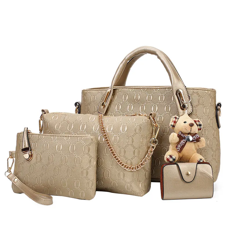 4Pcs Set Elegant Ladies Bear Pendant Handbag Shoulder Bag Girls Fashionable PU Leather Casual Messenger Tote Bag images - 6