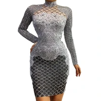 shining studded with diamond women short dress longsleeve hollow out tight elastic dress evening prom outfit nightclub costumes